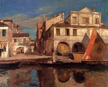 古斯塔夫 鮑恩芬德 Gustav Bauernfeind, Canal Scene in Chioggia with Bragozzo